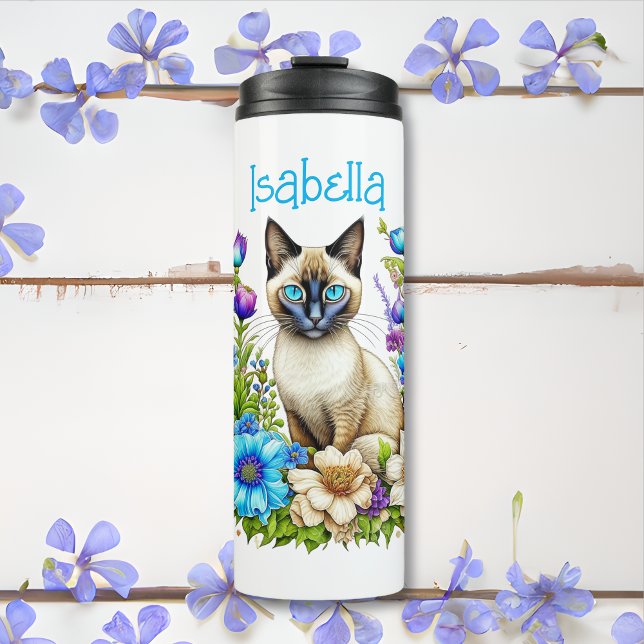 Personalized Ai Watercolor Siamese Cat in Flowers Thermal Tumbler (Creator Uploaded)