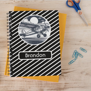 Personalized Airplane, Black and White Striped Notebook