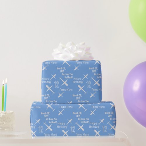 Personalized Airplane Fun Kids Happy Birthday Blue Wrapping Paper