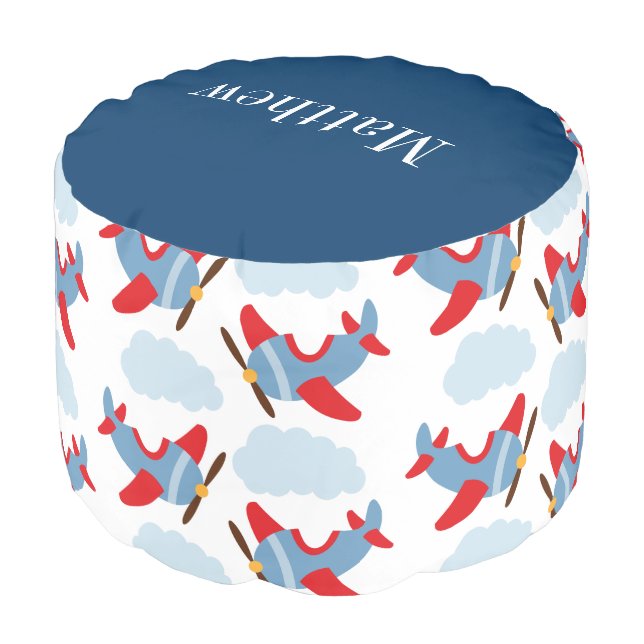 Personalized Airplane Pattern Kids Red Blue Pouf (Angled Front)