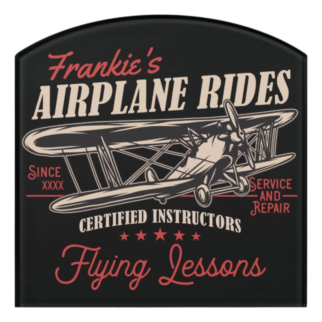 Personalized Airplane Rides Retro Flying Lessons Door Sign (Contour Front)