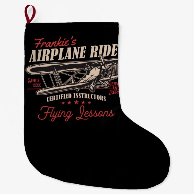 Personalized Airplane Rides Retro Flying Lessons  Large Christmas Stocking (Front)