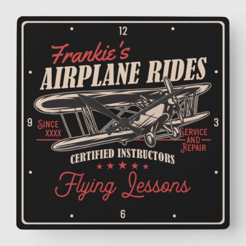 Personalized Airplane Rides Retro Flying Lessons S Square Wall Clock