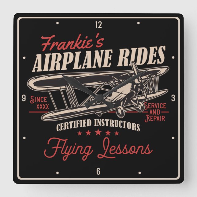 Personalized Airplane Rides Retro Flying Lessons S Square Wall Clock (Front)