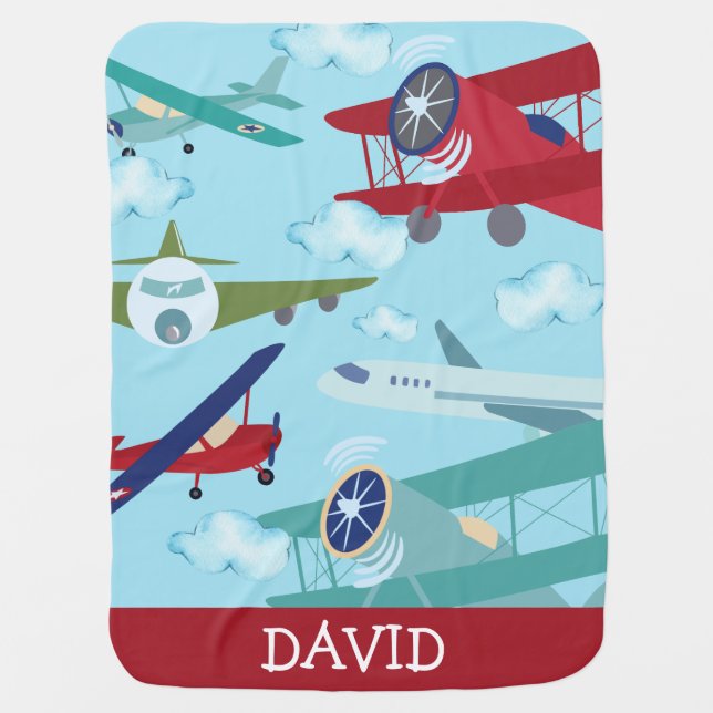 Personalized Airplanes Clouds Sky Boy Name Baby Blanket (Front)