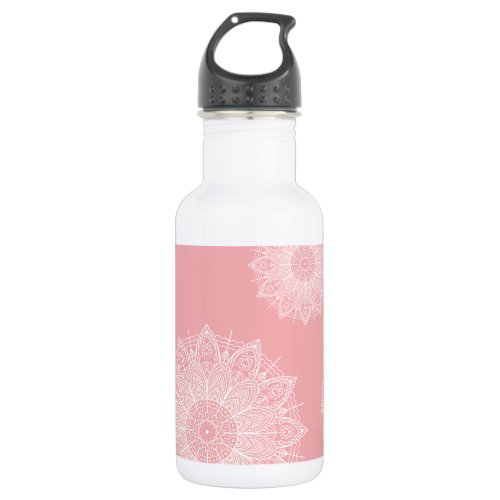 Personalized Airy White Mandalas Over Coral Pink Stainless Steel Water Bottle
