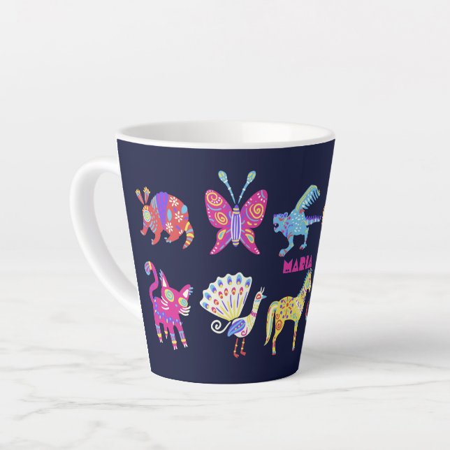 Personalized Alebrije Mexican Animals Folk Art Latte Mug (Left Angle)