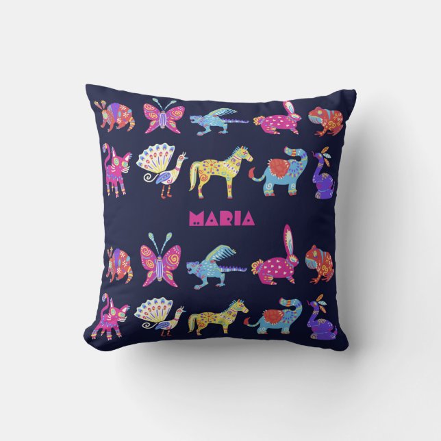 Personalized Alebrije Mexican Animals Folk Art Throw Pillow (Front)