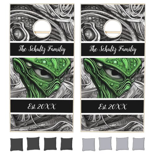 Personalized Alien Green Black and White Cornhole Set