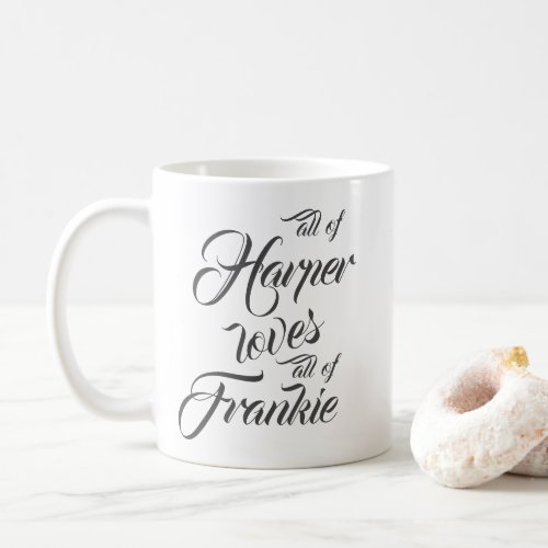 Personalized All Of Me Loves All Of You Couples Coffee Mug - "All of me loves all of you." Easily personalize this couples keepsake mug with your own names. It makes a lovely present for your partner, girlfriend, boyfriend, husband or wife on Valentine's day or an anniversary.