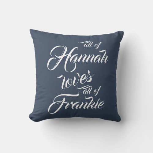 Personalized All Of Me Loves All Of You Quote Throw Pillow - "All of me loves all of you." Easily personalize this couples keepsake blue throw pillow with your own names. It makes a lovely present for your partner, girlfriend, boyfriend, husband or wife on Valentine's day or an anniversary.