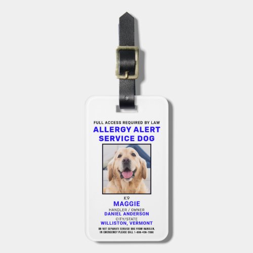 Personalized Allergy Alert Service Dog Photo Badge Luggage Tag