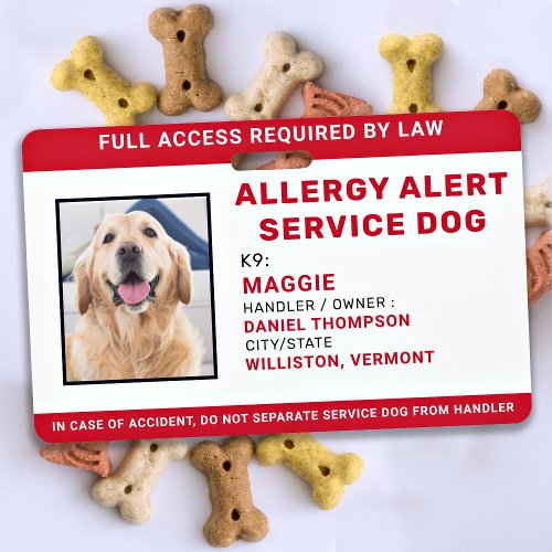 Personalized Allergy Alert Service Dog Photo ID Badge