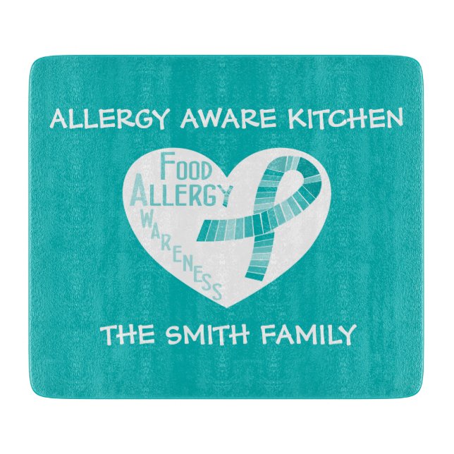 Personalized Allergy Aware Teal Ribbon Heart Teal Cutting Board (Front)