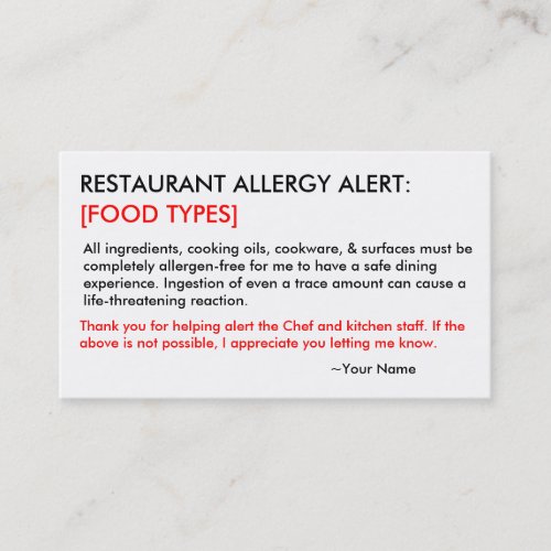 Personalized Allergy Restaurant  ICE Card