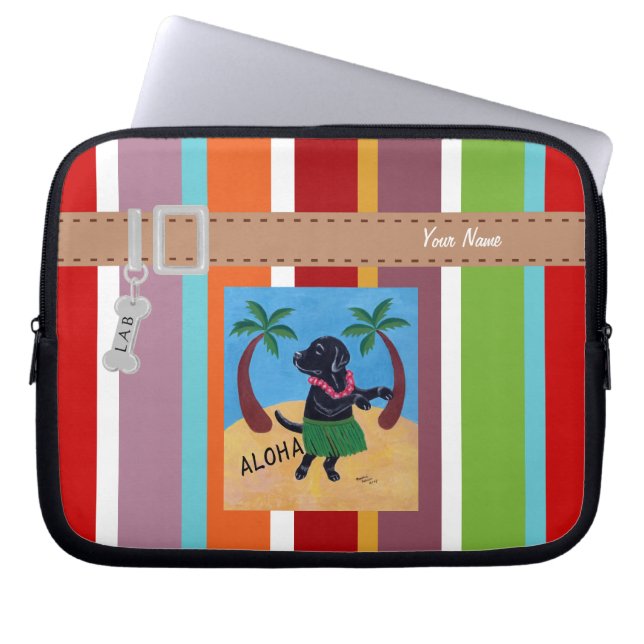 Personalized Aloha Black Labrador Stripe Laptop Sleeve (Front)