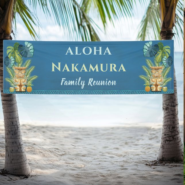 Personalized Aloha Welcome Family Reunion Banner (Family Reunion Banner - Aloha - Ohana Hawaiian Luau themed. Tiki, tropical leaves your name. )