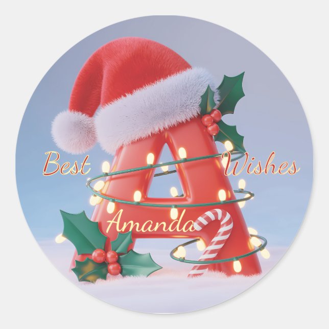 Personalized Alphabet 'A' Christmas  Classic Round Sticker (Front)