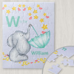 Personalized Alphabet Name Cute Elephant Boys Jigsaw Puzzle<br><div class="desc">Cute elephant jigsaw puzzle for your little boy with custom alphabet name. The template is set up for you to add your name and initial, which is lettered in bold typography. The design has a cute elephant catching falling stars and love hearts in an umbrella. It has a color palette...</div>