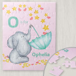 Personalized Alphabet Name Cute Elephant Girls Jigsaw Puzzle<br><div class="desc">Cute elephant jigsaw puzzle for your little girl with custom alphabet name. The template is set up for you to add your name and initial, which is lettered in bold typography. The design has a cute elephant catching falling stars and love hearts in an umbrella. It has a color palette...</div>