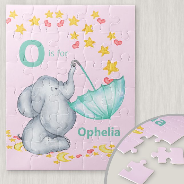 Personalized Alphabet Name Cute Elephant Girls Jigsaw Puzzle (Creator Uploaded)