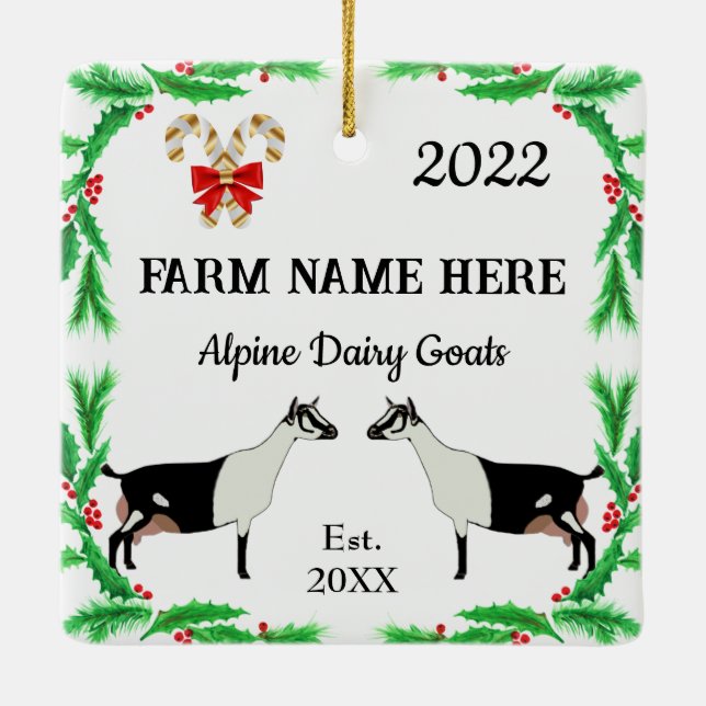 Personalized Alpine Dairy Goat Farm Christmas Ceramic Ornament (Back)
