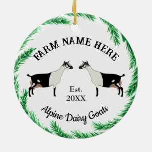 Personalized Alpine Dairy Goat Pine Wreath Ceramic Ornament