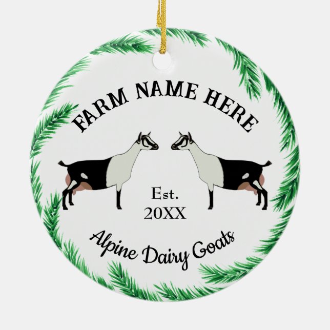 Personalized Alpine Dairy Goat Pine Wreath Ceramic Ornament (Back)
