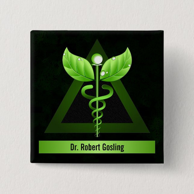 Personalized Alternative Medicine Green Caduceus Button (Front)