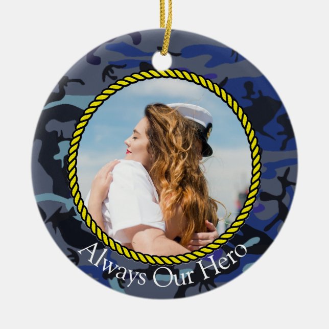 Personalized Always My Hero Navy Camouflage Photo Ceramic Ornament (Front)