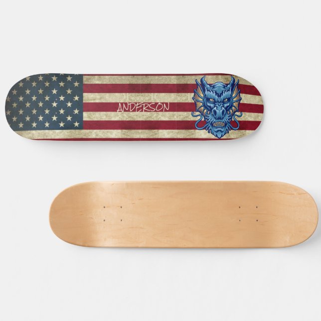 Personalized American Blue Asian Dragon Skateboard (Horz)