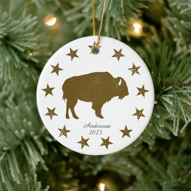 Personalized American Buffalo Western Christmas Ceramic Ornament (Tree)