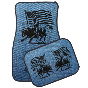 Personalized American Bull Rider Rodeo Denim Car Floor Mat