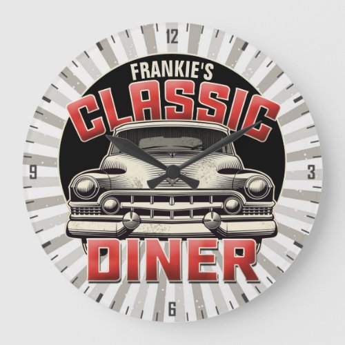 Personalized American Classic Car Retro Diner Cafe Large Clock