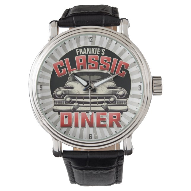 Personalized American Classic Car Retro Diner Cafe Watch (Front)