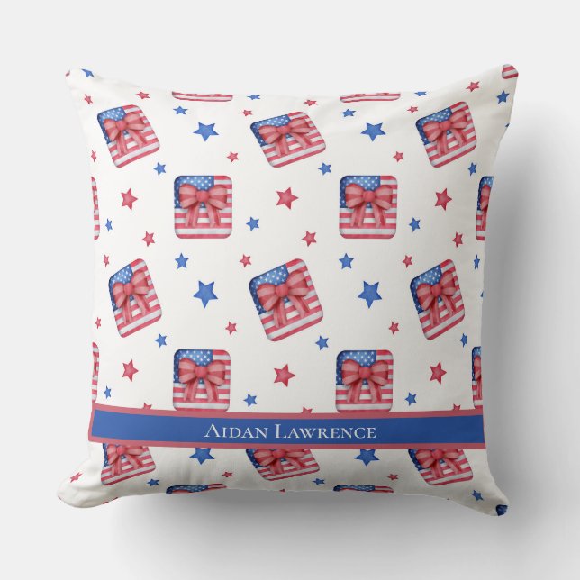 Personalized American Flag 4th July Bow Blue Red  Throw Pillow (Front)