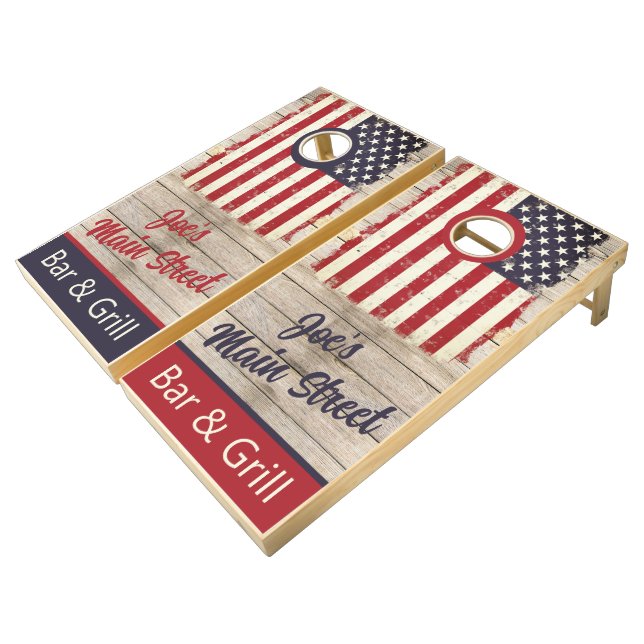 Personalized American Flag Bar and Grill Business Cornhole Set (Angled)
