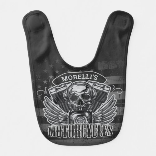 Personalized American Flag Biker Skull Motorcycle Baby Bib