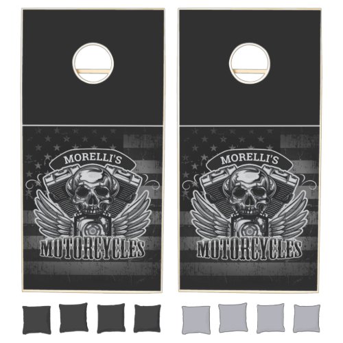 Personalized American Flag Biker Skull Motorcycle Cornhole Set