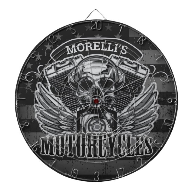 Personalized American Flag Biker Skull Motorcycle Dart Board (Front)