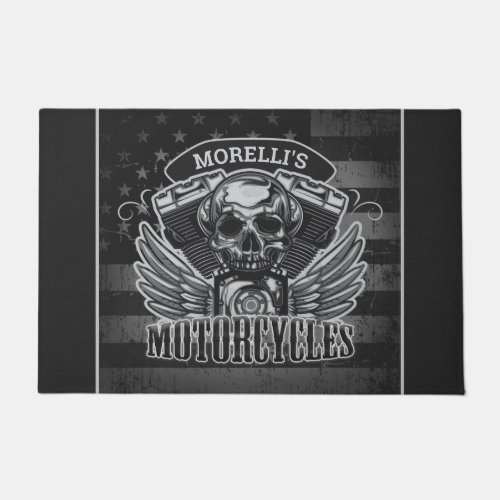 Personalized American Flag Biker Skull Motorcycle Doormat