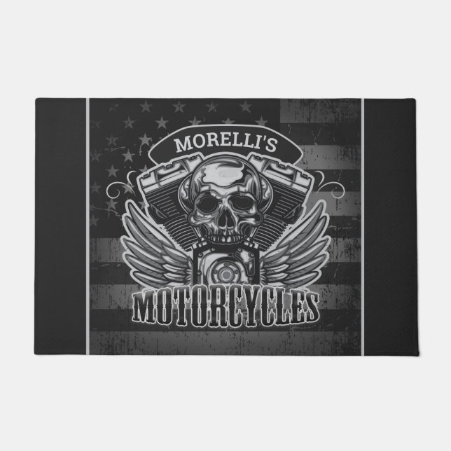 Personalized American Flag Biker Skull Motorcycle Doormat (Front)