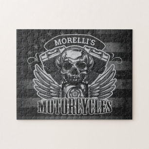 Personalized American Flag Biker Skull Motorcycle Jigsaw Puzzle