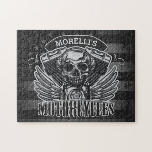 Personalized American Flag Biker Skull Motorcycle Jigsaw Puzzle