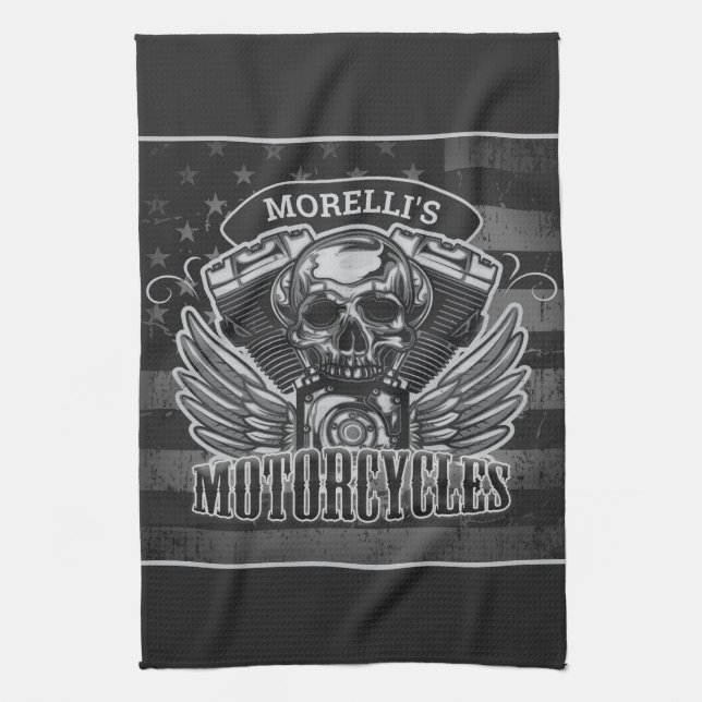 Personalized American Flag Biker Skull Motorcycle Kitchen Towel (Vertical)