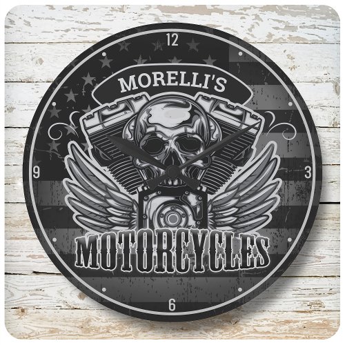 Personalized American Flag Biker Skull Motorcycle Large Clock