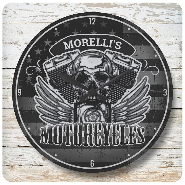 Personalized American Flag Biker Skull Motorcycle Large Clock (Creator Uploaded)