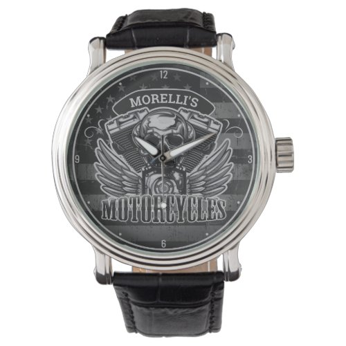 Personalized American Flag Biker Skull Motorcycle Watch