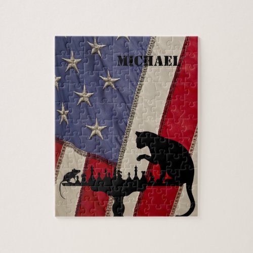 Personalized American Flag Chess Cat and Mouse Jigsaw Puzzle