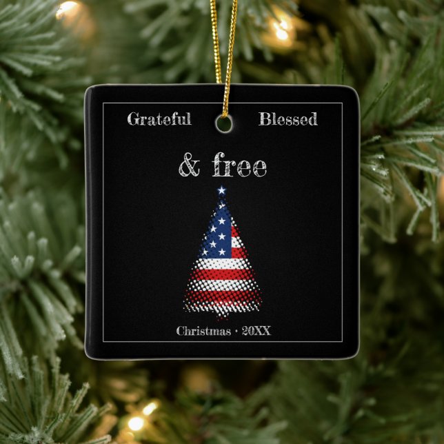 Personalized American Flag Christmas Tree  Ceramic Ornament (Tree)